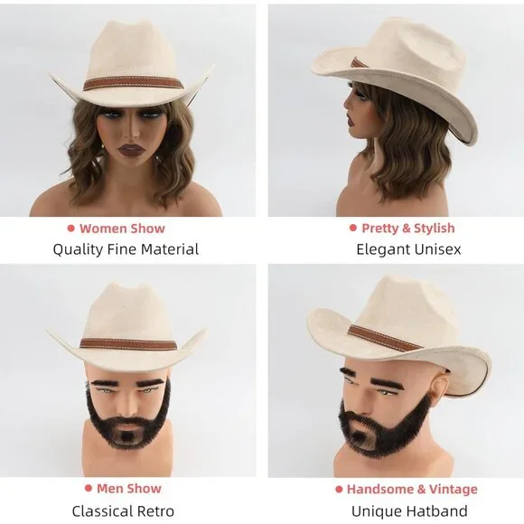 Unisex Beige Western Faux Stitched Leather Band Classic Fedora Cowboy Felt Hat - Picture 5 of 6